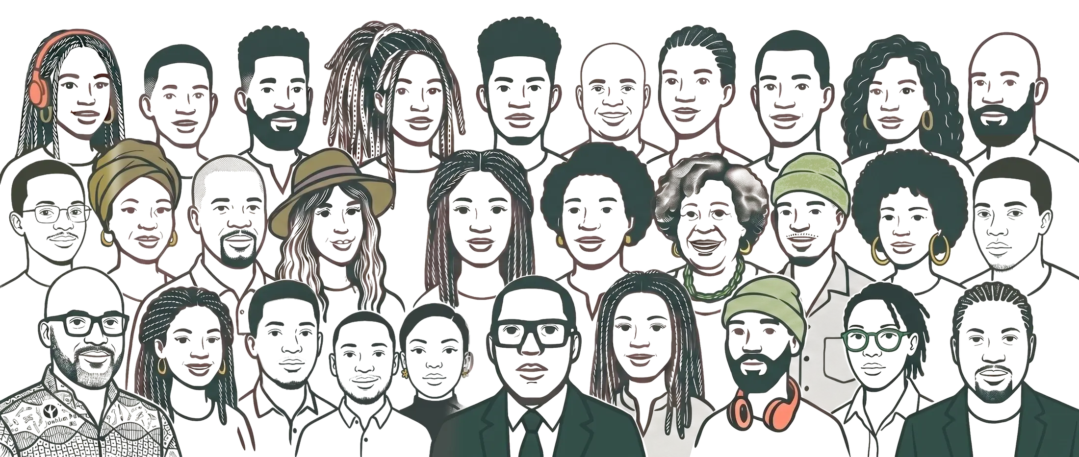 IKOUĒ - Foule dessinée à la main de Centrafricains, dont les fondateurs et des membres de la communauté IKOUĒ : le capital humain que nous faisons grandir
